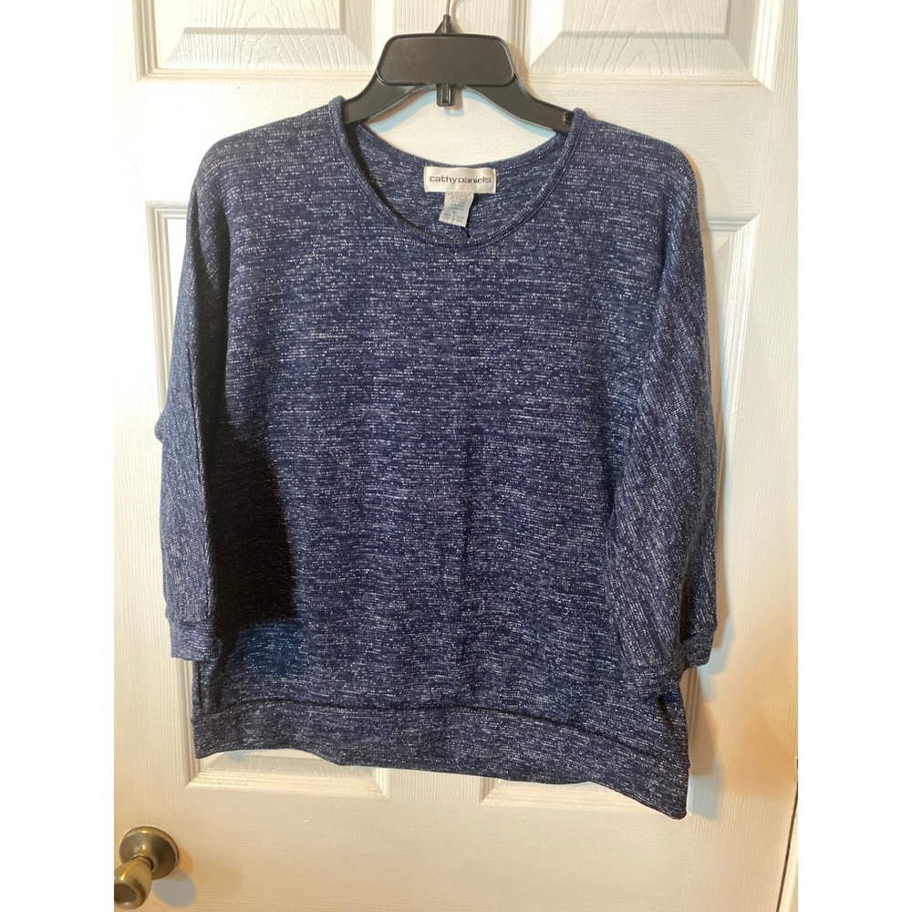 Cathy Daniels Navy Blue Silver Lurex Sparkle Knit Pullover‎ Top XL 3/4 Sleeve